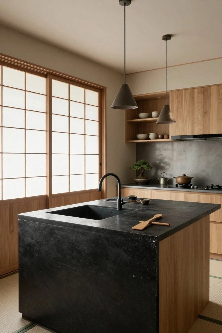 Modern Japanese-style kitchen interior with light oak cabinets, large central black stone island and sink, shoji sliding doors, matte black backsplash, bonsai plant, and hanging cone pendant lights.