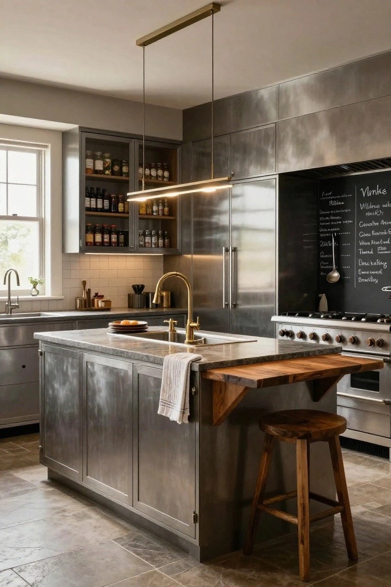 Modern kitchen with brushed metal cabinets, central gray-topped island featuring angled wooden shelf extension and wooden stool, gold faucet, and black chalkboard wall with handwritten notes and utensils.