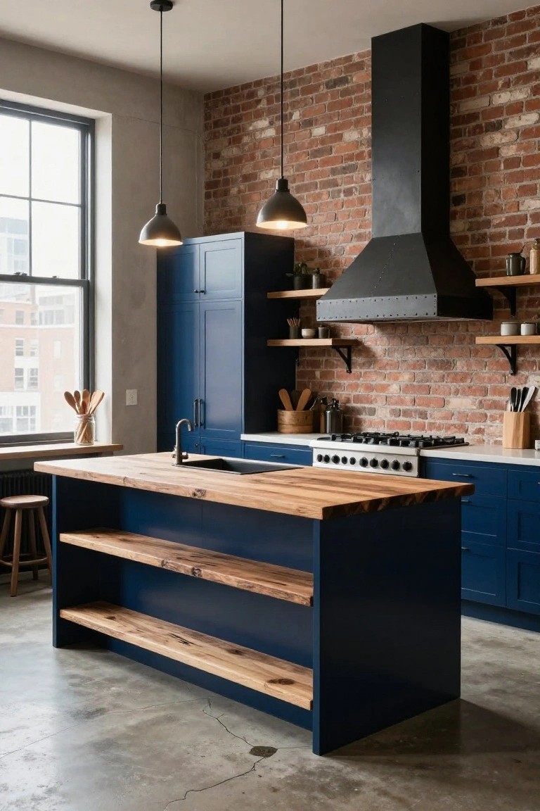Industrial-style kitchen with navy blue lower cabinets, wooden-topped center island with open shelves, exposed brick accent wall, black metal range hood, and pendant lights over a sink.