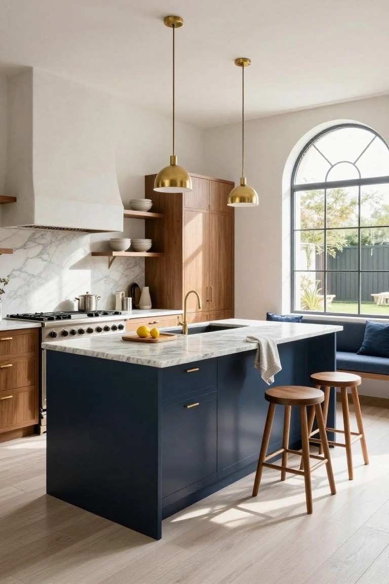 Kitchen interior with navy blue island counter featuring white marble top, wood bar stools, adjacent warm wood cabinets, white walls, marble backsplash, gas cooktop, brass pendant lights, and arched window to outdoor view.