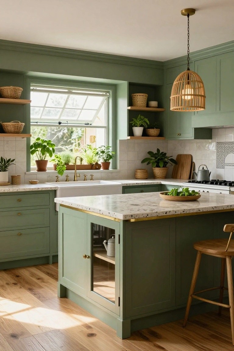 Sage green kitchen with cabinets, island featuring terrazzo countertop and gold edging, brass farmhouse sink, rattan pendant light, plants, and wooden stools on hardwood floors.