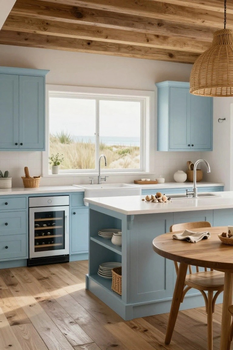 Kitchen with light blue cabinets, white countertops, central island, wooden ceiling beams, rattan pendant light, and large window overlooking beach dunes and ocean.