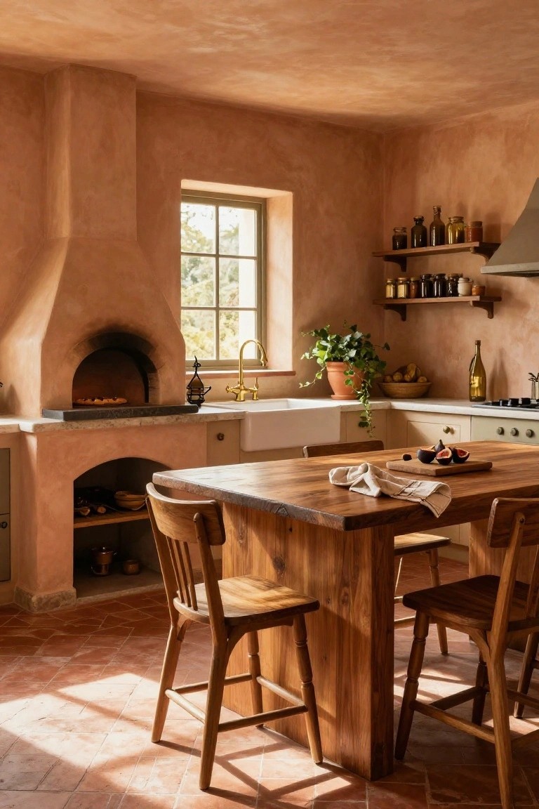Rustic kitchen with terracotta plaster walls, built-in wood-fired oven containing a pizza, wooden dining table with chairs, open shelves stocked with jars, potted plant, and window overlooking trees.