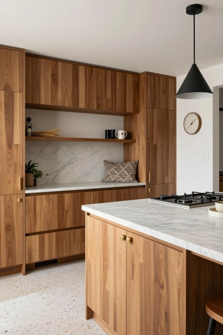 Modern kitchen interior with floor-to-ceiling walnut wood cabinets, white marble countertops and backsplash, gas cooktop on island, black pendant light, clock on wall, potted plant, and terrazzo tile floor.