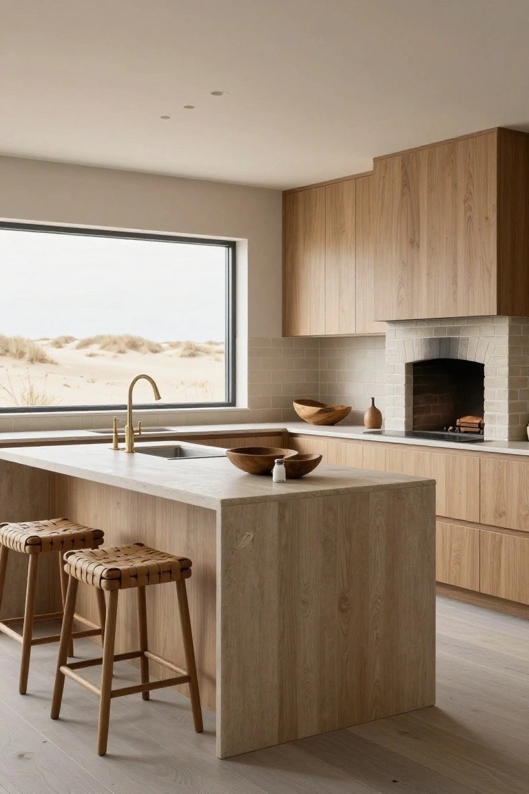 Modern kitchen interior with light oak wood cabinets and central island, two woven rattan stools, gold faucet and sink on island, white subway tile backsplash, arched brick fireplace, and large window overlooking sand dunes.
