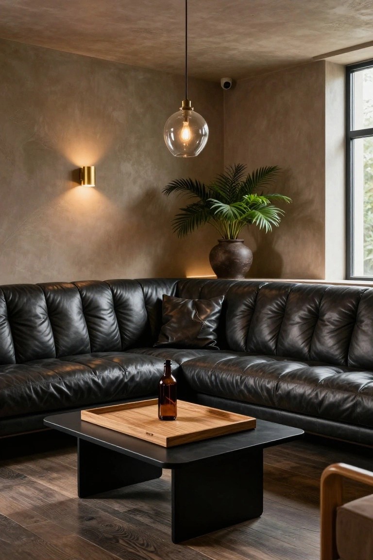 Corner lounge in a modern interior with black tufted leather L-shaped sofa, black coffee table topped by wooden tray and brown beer bottle, large potted palm plant in terracotta pot, textured beige walls, gold wall sconce, glass pendant light, security camera, and window.