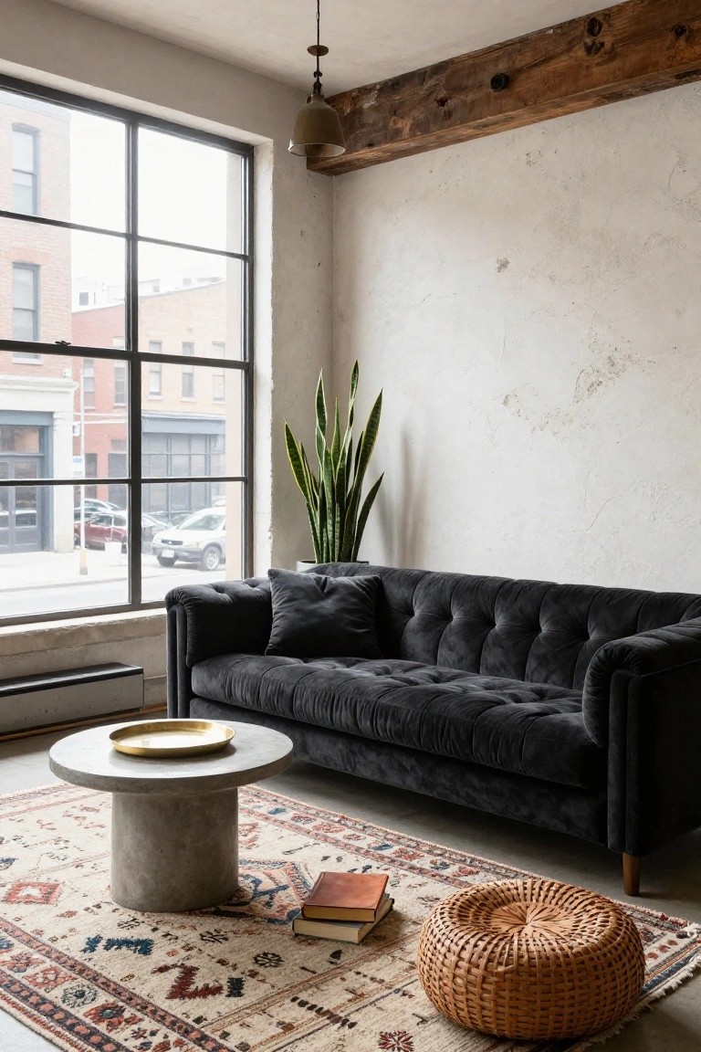 Black Velvet Tufted Sofa in Loft Living Rooms
