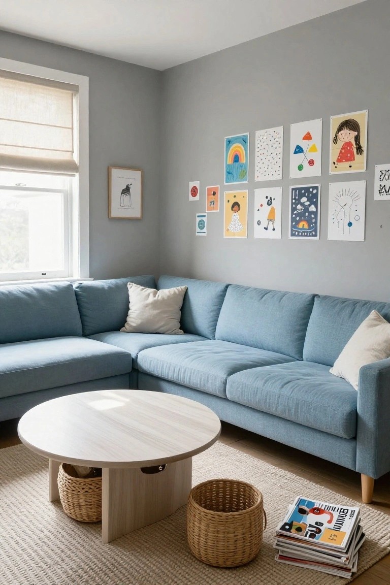 Light blue L-shaped sofa in a corner of a gray-walled living room with colorful children's drawings and abstract art on the walls, a round light wood coffee table holding woven baskets, stacked magazines on a beige rug, and sheer blinds on a window.