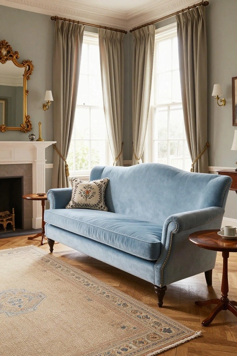 Light blue velvet sofa with winged arms and nailhead trim in a corner room with a white fireplace, beige curtains on tall windows, gilded mirror, wooden side tables, and beige rug on parquet floor.