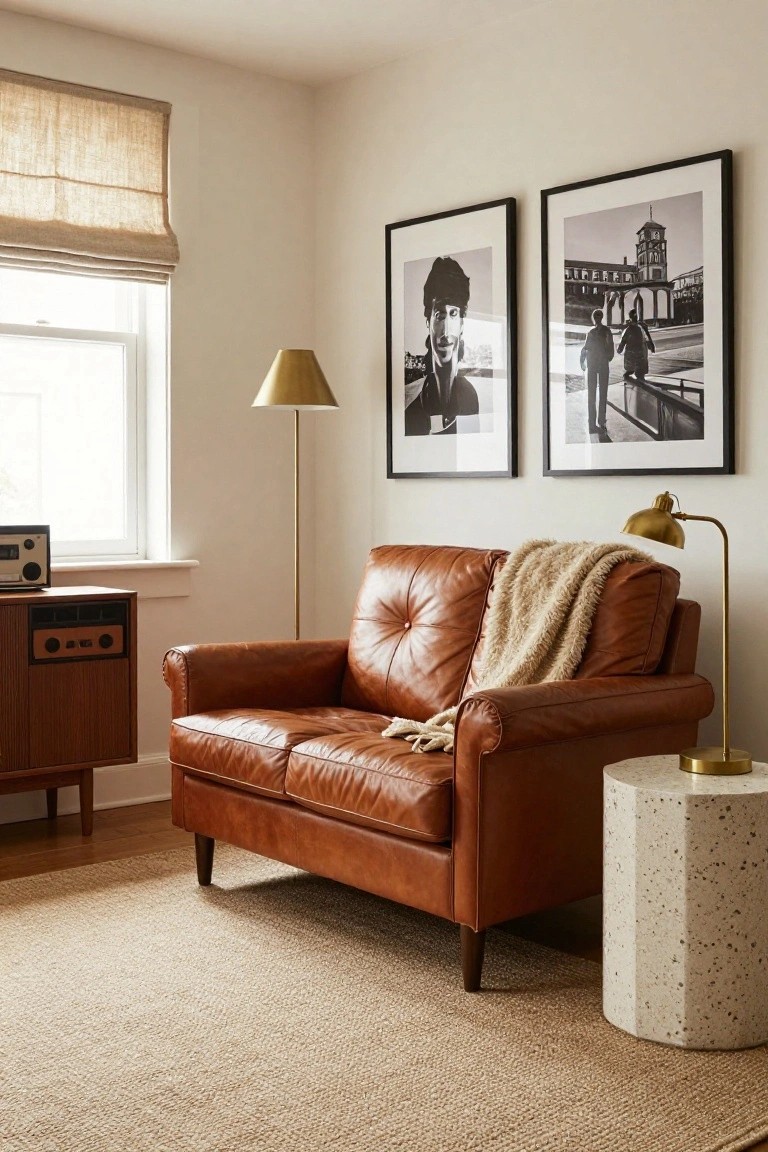 A brown tufted leather loveseat with a cream throw blanket sits in a light room corner next to a credenza, brass lamps, black-and-white framed photos on the wall, and a window with linen roman shade.