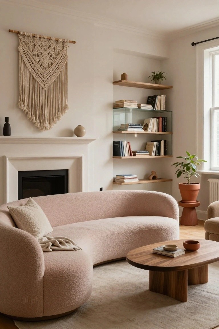Curved sofa upholstered in blush pink fabric in a light living room with white fireplace, wooden shelves holding books and ceramics, potted plants, and oval wooden coffee table on beige rug.