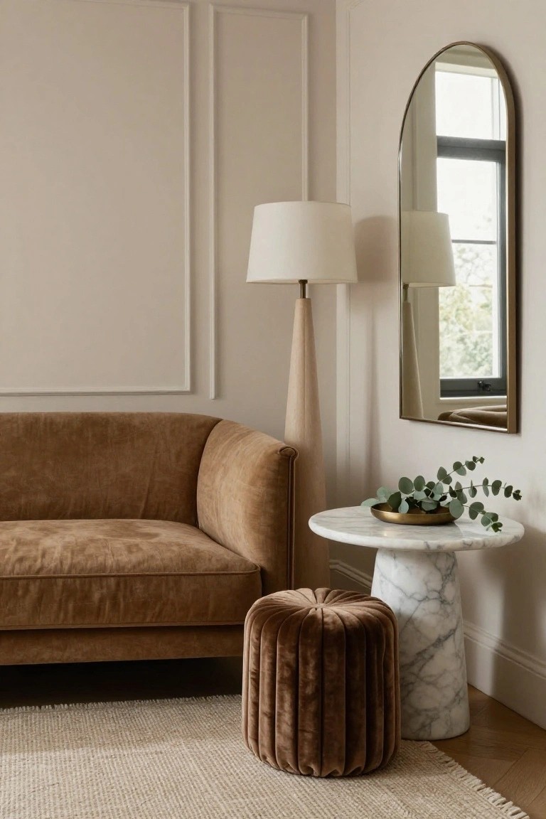 Corner of a beige living room with curved brown velvet sofa, white marble pedestal table holding eucalyptus in brass bowl, purple velvet ottoman, tall floor lamp, and gold arched mirror.