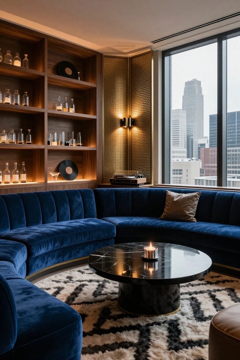 Modern lounge interior with curved deep blue velvet sectional sofa surrounding a round black marble coffee table, wooden shelves stocked with glass bottles and decanters, brass wall lights, and large windows showing a city skyline.
