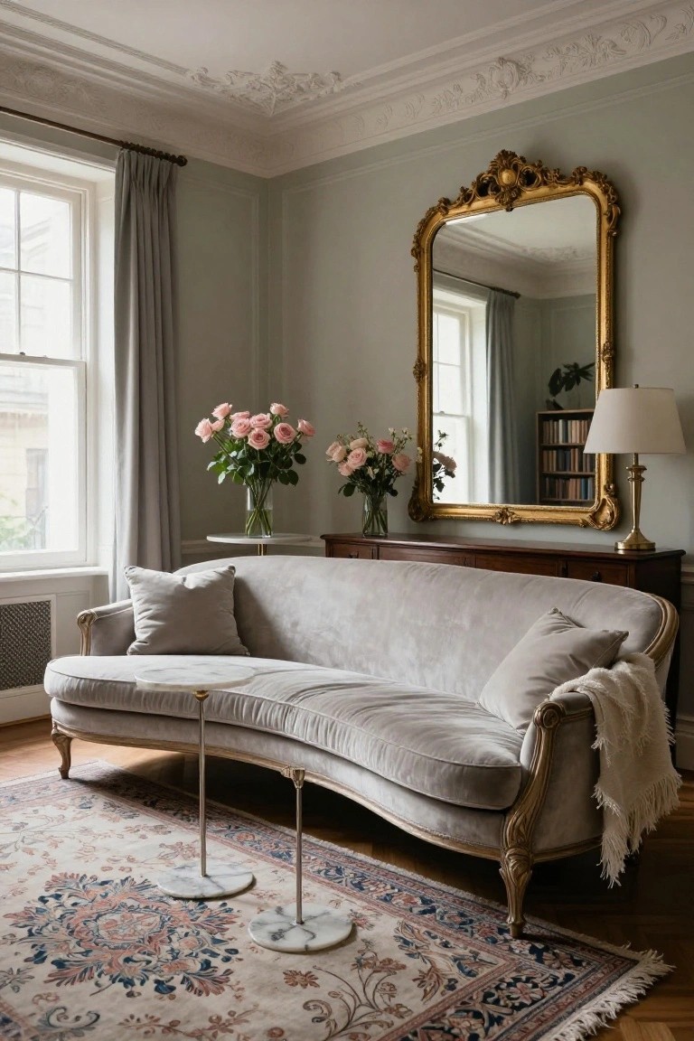 A sage green living room with a curved light gray velvet sofa on ornate cabriole legs, pink rose arrangements on a console table next to a large gold gilt mirror, marble side tables, and a patterned rug on hardwood floors.
