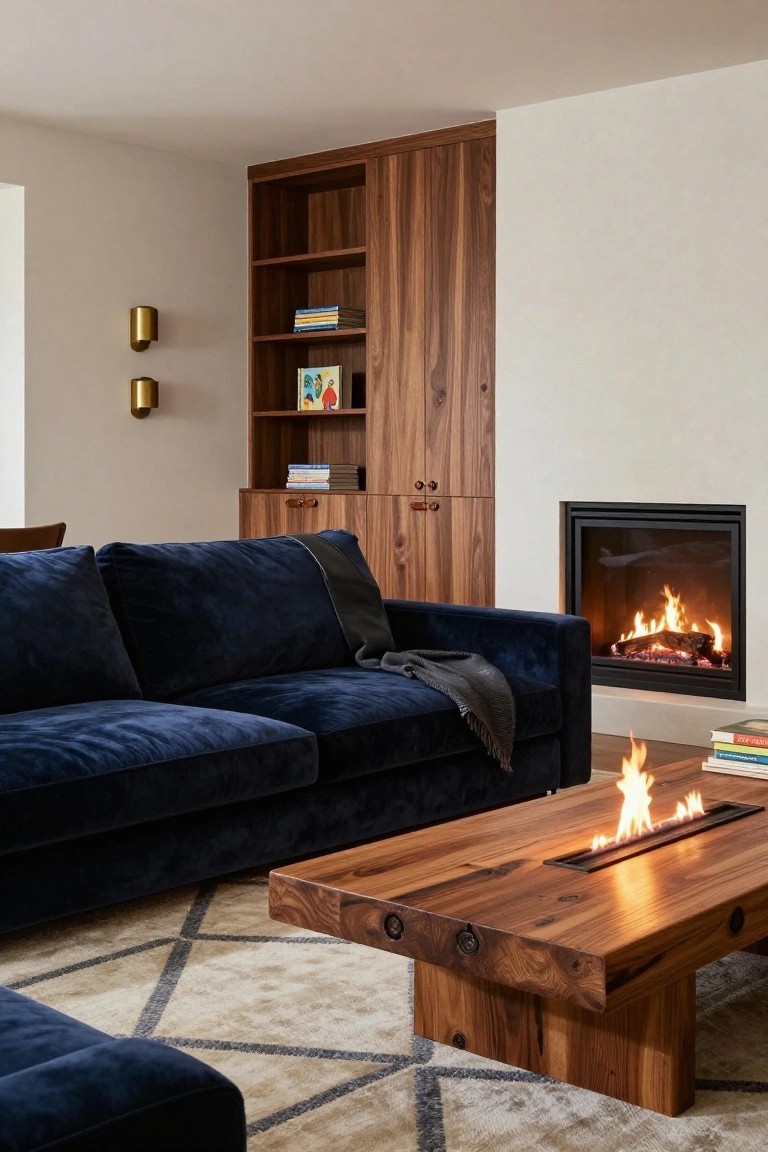 Modern living room interior with a navy blue velvet L-shaped sofa facing a built-in fireplace, a wooden coffee table with linear gas fire feature, walnut bookshelves, gold wall sconces, and a geometric beige rug.