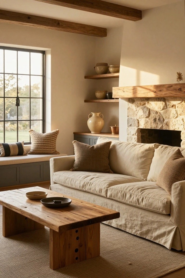 Beige linen slipcovered sofa with textured pillows in a light living room with wooden beams, stone fireplace, window seat, floating shelves holding pottery, rustic wood coffee table, and neutral rug.