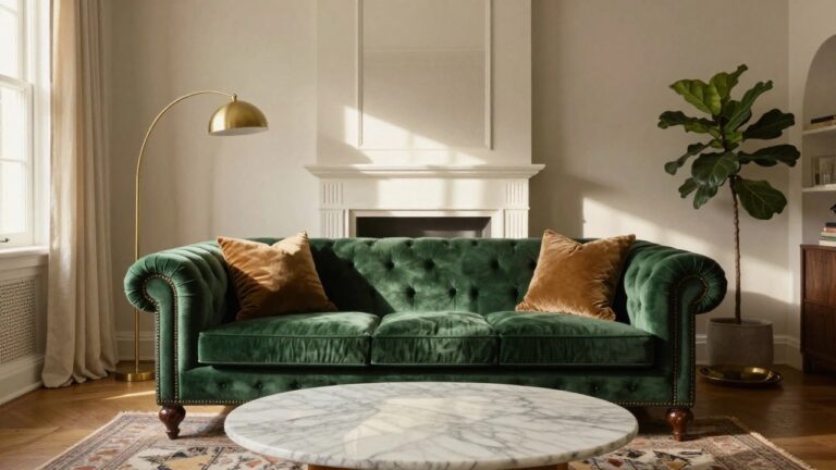 19 Elegant Luxury Sofa Designs That Instantly Elevate Your Space Living room interior with emerald green velvet tufted Chesterfield sofa in front of white fireplace, round white marble coffee table holding books on gold tray, large fiddle leaf fig plant, and window with sheer curtains.