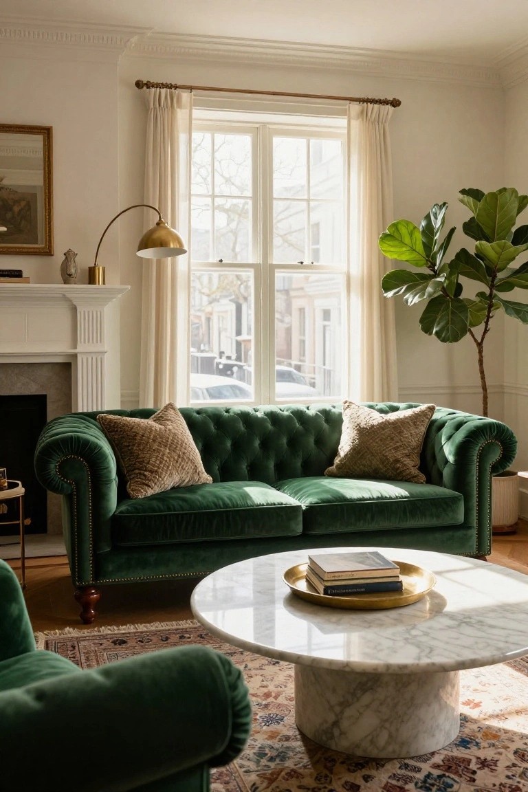 Living room interior with emerald green velvet tufted Chesterfield sofa in front of white fireplace, round white marble coffee table holding books on gold tray, large fiddle leaf fig plant, and window with sheer curtains.