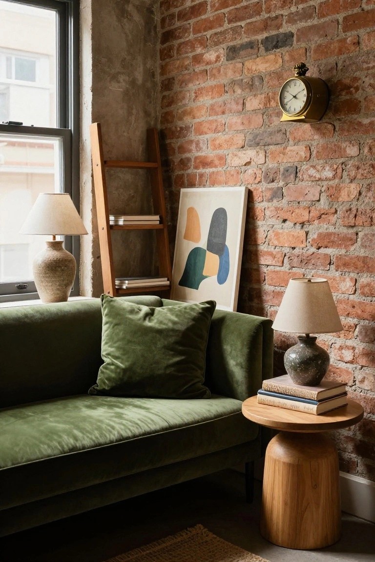 Corner of a living room featuring a green velvet sofa next to a wooden pedestal side table with stacked books, two ceramic lamps, exposed brick walls with a wall clock and abstract art, a ladder shelf, and a window.