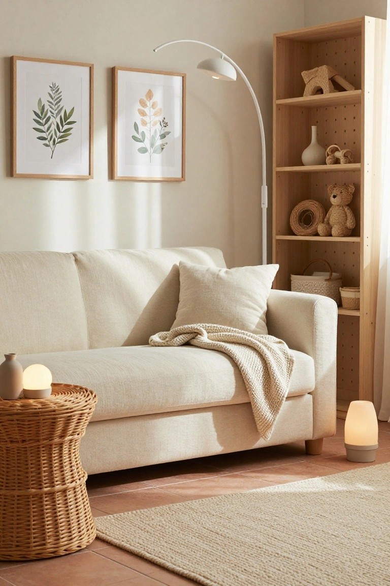 Beige three-seater sofa with cream pillows and throw blanket in a light neutral living room corner featuring wooden bookshelf, arc floor lamp, table lamp, and woven side table on terracotta tile floor.