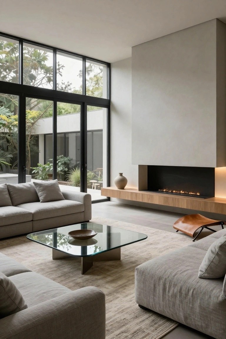 Spacious modern living room with two large low-profile gray fabric sofas, a square glass coffee table, linear wood fireplace, and large sliding glass doors opening to a lush garden.