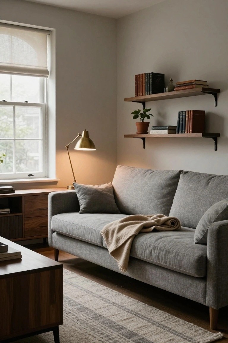 Light gray fabric sofa with wooden legs and a beige throw in a minimalist living room featuring wooden shelves with books, a brass desk lamp, potted plant, and window with sheer shade.
