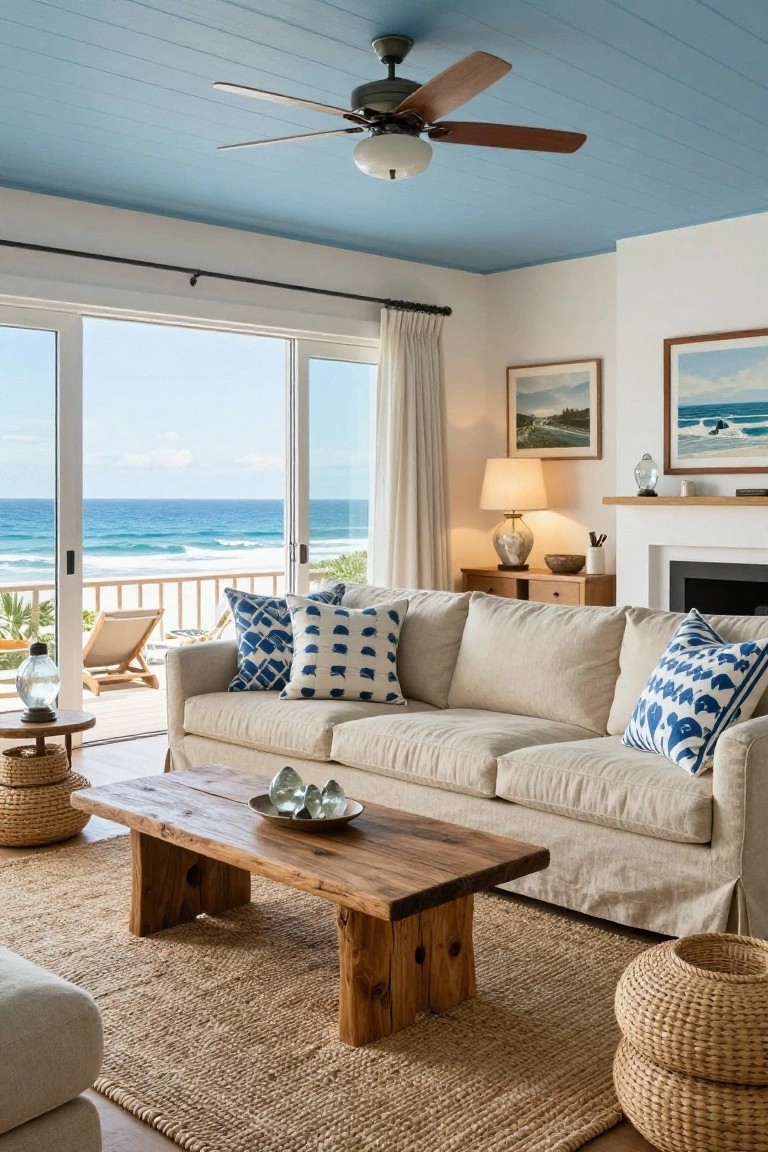 Beige slipcovered linen sofa with blue patterned pillows on a seagrass rug in a living room with blue shiplap ceiling, wooden coffee table, and sliding doors to ocean view.