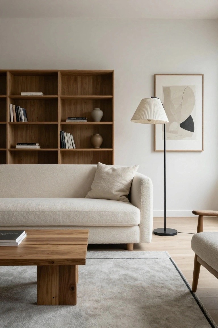 A minimalist living room with a large cream-colored bouclé sofa, wooden bookshelves holding books and ceramic vases, a rectangular wooden coffee table, a tall floor lamp with white pleated shade next to an abstract line drawing in a wood frame, a light gray area rug, and light wood stool on oak floors.