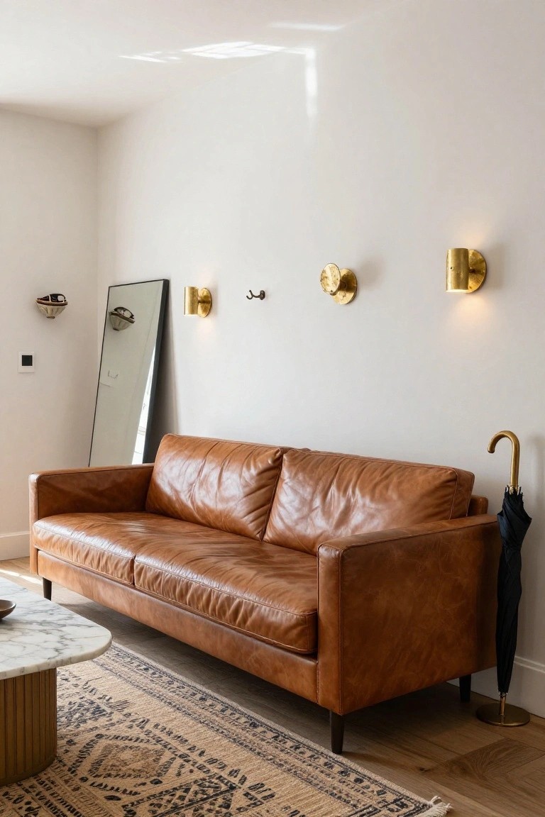 Tan leather three-seat sofa against a white wall in a living room, with gold wall sconces, a tall black-framed mirror, marble pedestal coffee table, patterned rug on hardwood floors, and gold umbrella stand nearby.