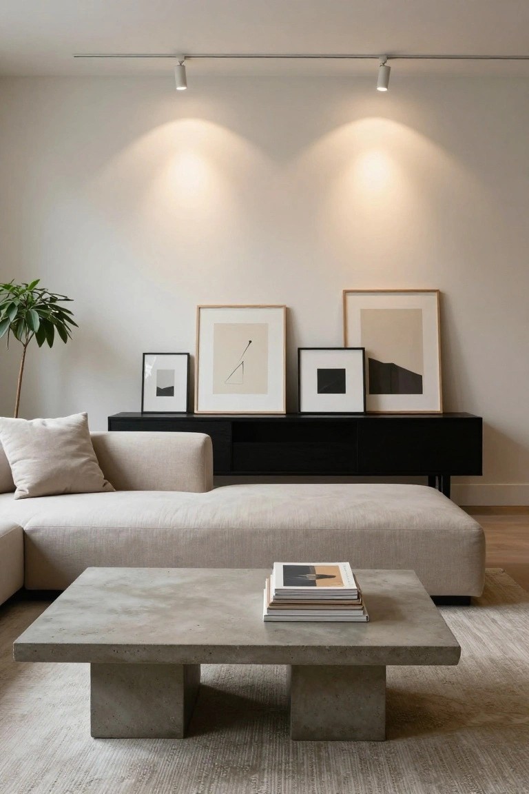 Modern living room with light beige L-shaped sofa, gray concrete coffee table stacked with books, black TV cabinet below three neutral abstract framed prints, potted plant nearby, and track spotlights overhead.