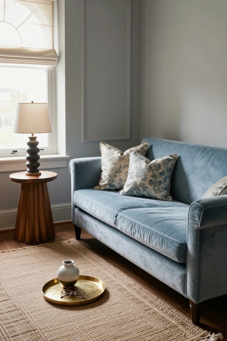 Blue velvet sofa with floral patterned pillows in a light gray room corner, wood pedestal side table with lamp nearby, brass tray holding vase and glasses on beige seagrass rug by window.