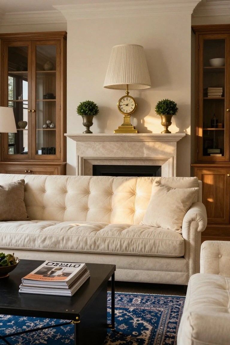 Cream tufted sofa in a living room with marble fireplace, wooden bookcases on both sides, brass clock on mantel, topiaries, lamp, coffee table with magazines, and blue patterned rug.