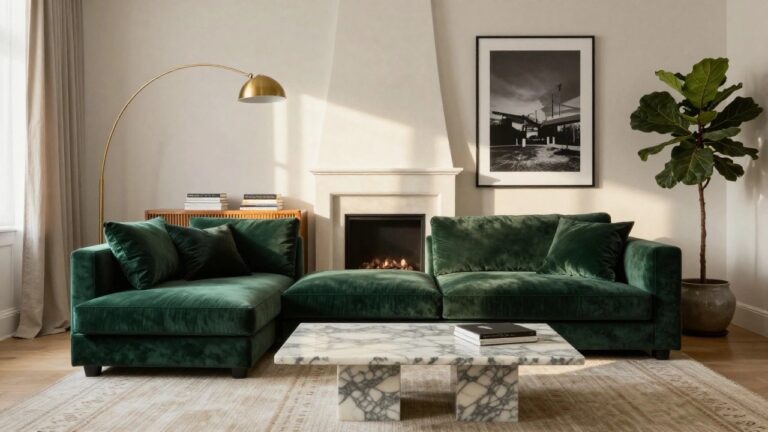 Living room interior with deep green velvet sofa, white marble coffee table on wood legs, fireplace, large black-and-white portrait on wall, ficus plant in ceramic pot, and gold arc lamp.