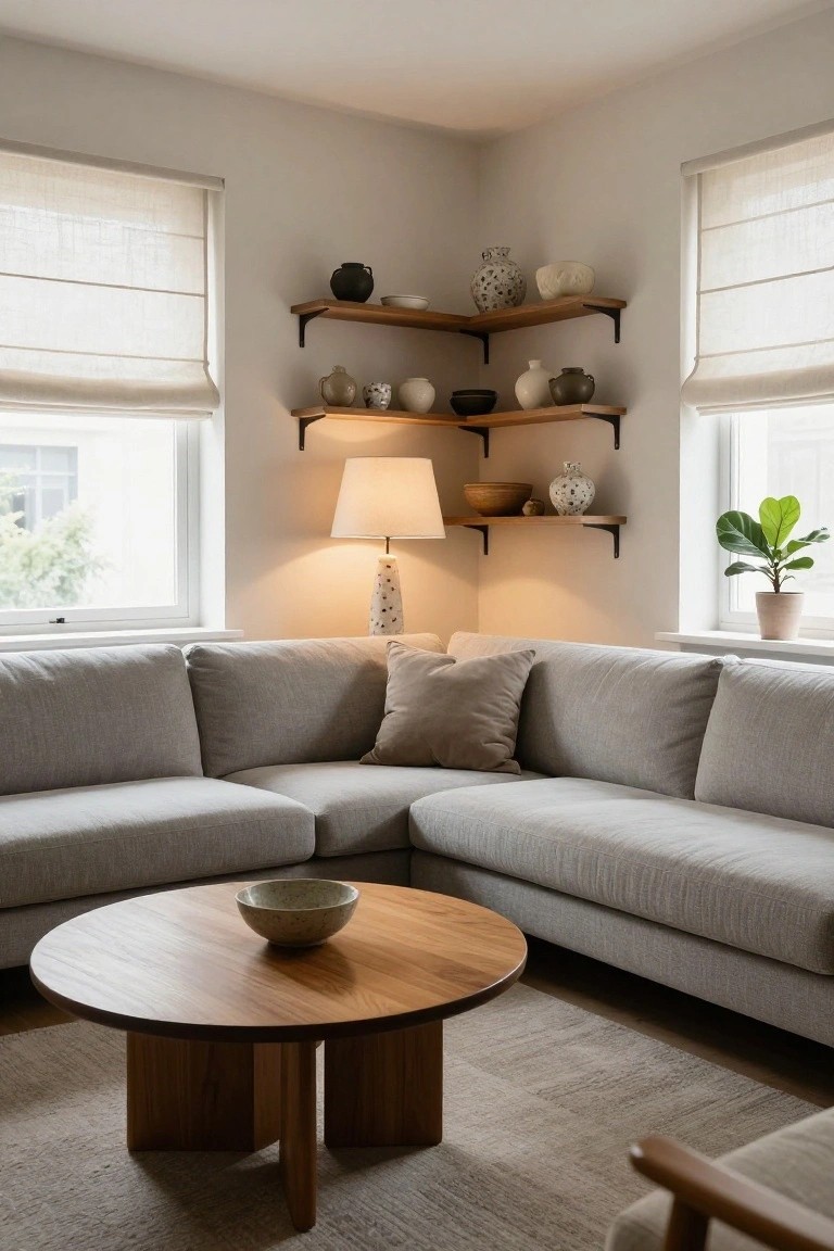 Light gray L-shaped fabric sofa in a living room corner next to windows with sheer shades, wooden floating shelves holding pottery, a lamp, wooden coffee table with bowl, rug, and potted plant.