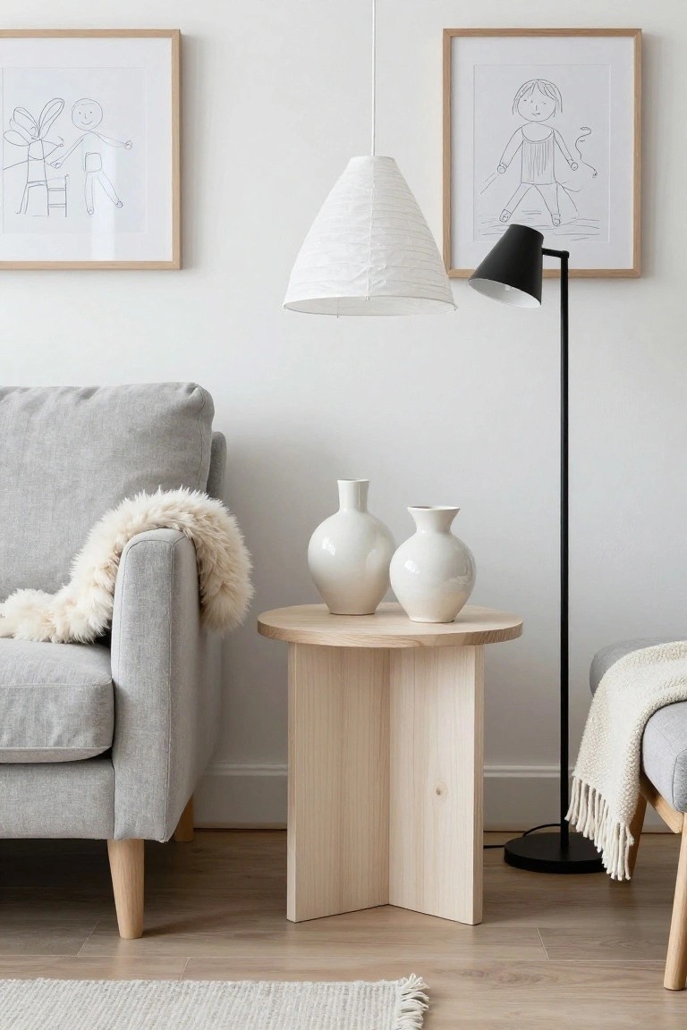 Light gray fabric sofa with white sheepskin throw over the armrest, next to round light wooden side table with two white ceramic vases, white pendant lamp overhead, black floor lamp, and two framed children's drawings on white walls.