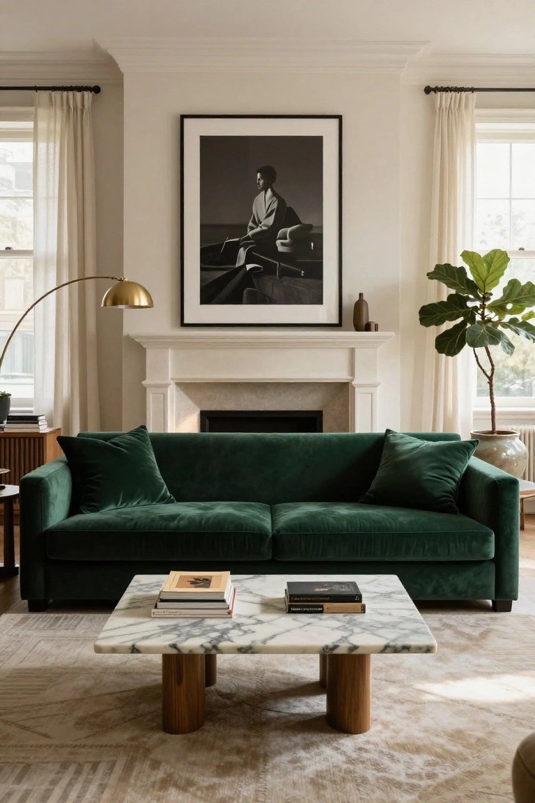 Living room interior with deep green velvet sofa, white marble coffee table on wood legs, fireplace, large black-and-white portrait on wall, ficus plant in ceramic pot, and gold arc lamp.