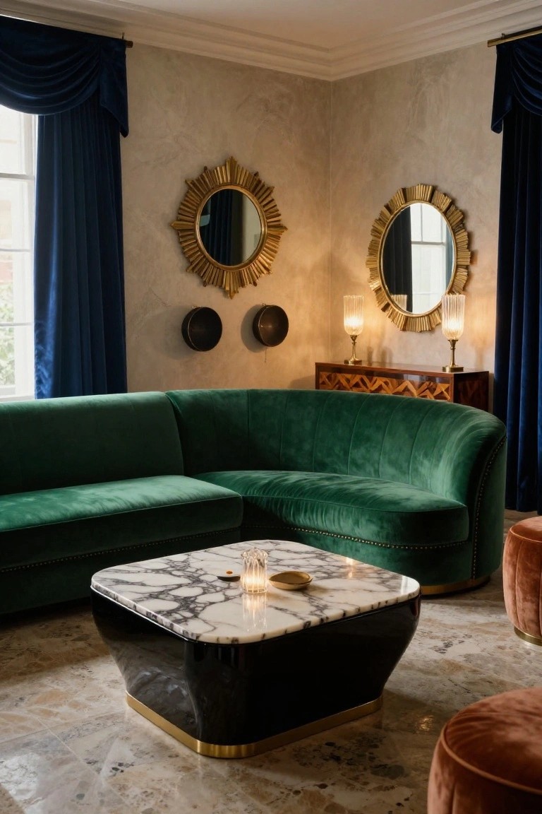 Corner of an elegant living room with a curved green velvet L-shaped sofa, black and white marble coffee table, gold sunburst mirrors on beige walls, blue drapes on windows, and orange ottomans on a marble floor.