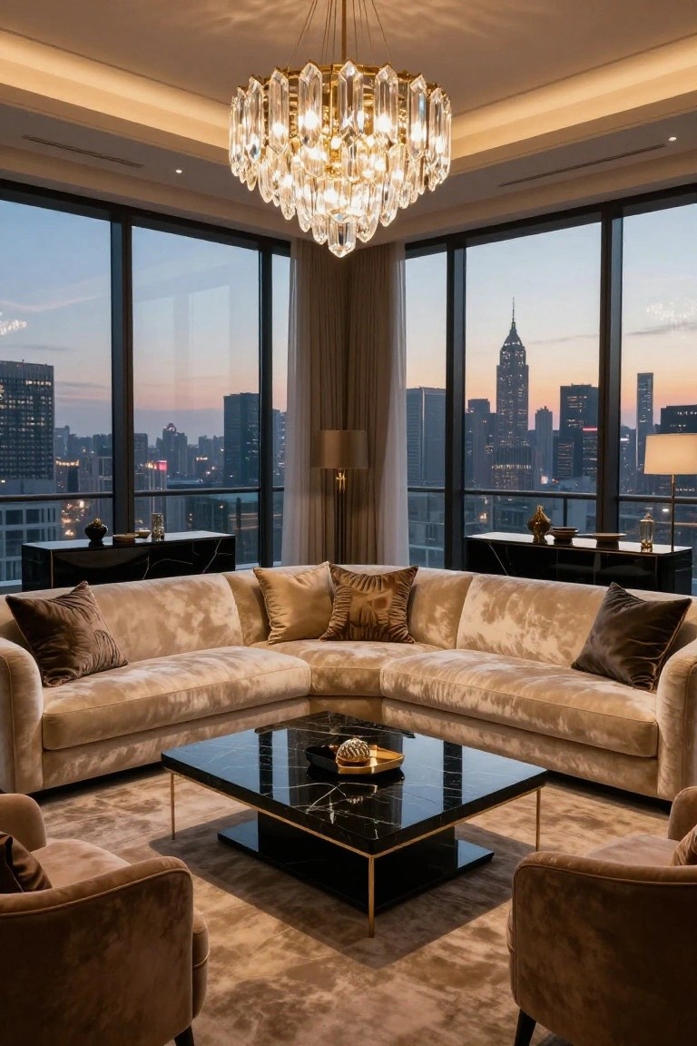 Luxurious modern living room featuring a beige velvet L-shaped sofa, two matching armchairs, black marble coffee table with gold accents, crystal chandelier, and panoramic city skyline view through corner floor-to-ceiling windows at dusk.