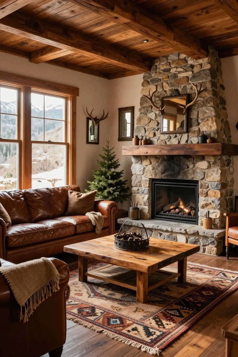 Rustic living room interior with brown leather sofas on a patterned rug around a wooden coffee table, facing a stone fireplace under wooden beamed ceiling, small Christmas tree nearby, and large windows showing snowy mountain landscape.