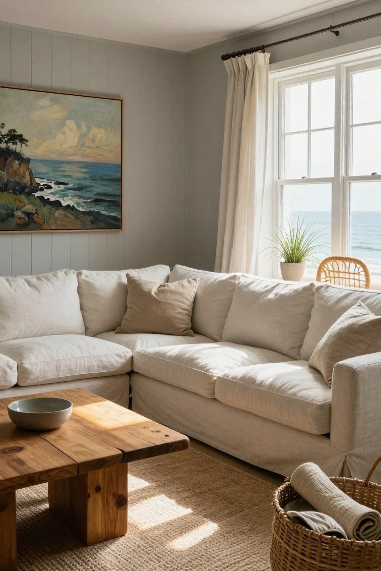 Light gray vertical paneled living room with white linen L-shaped sectional sofa, wooden coffee table holding a bowl, seagrass rug, wicker chair and potted plant by window overlooking ocean, large painting of seaside rocks and waves on wall, basket of folded linens on floor.