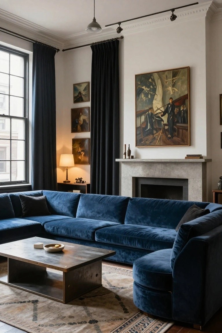 A living room with a large navy blue velvet L-shaped sectional sofa facing a gray stone fireplace, flanked by dark curtains on tall windows, artwork on walls, and a low metal coffee table on a patterned rug.