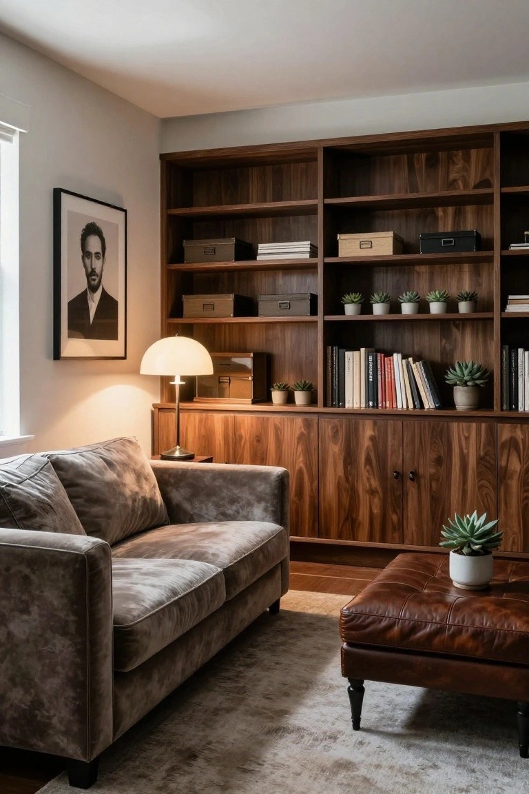 Gray velvet two-seater sofa with leather ottoman in front of walnut built-in bookshelves and cabinets, featuring books, plants, a lamp, and a framed portrait on a white wall.