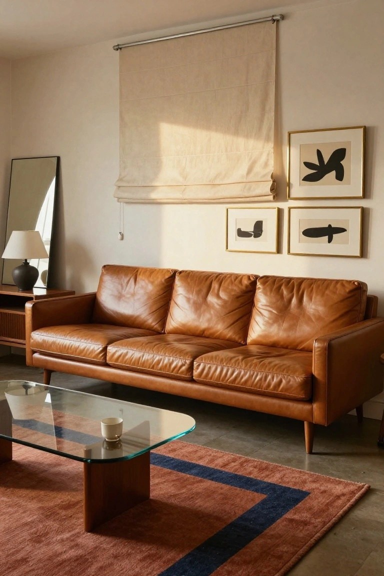 Tan leather three-seater sofa in a light beige living room with beige roller blinds, abstract black line drawings in gold frames on the wall, a glass coffee table on a red and blue rug, a wooden side table with lamp nearby, and a full-length mirror.