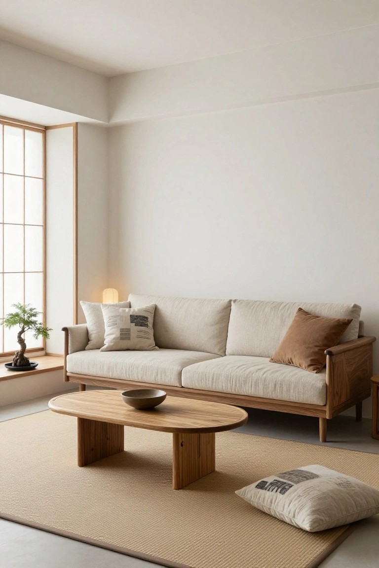 A minimalist indoor living room with a low beige linen sofa on light wooden frame and legs, oval wooden coffee table with a ceramic bowl, beige seagrass rug, floor cushion, table lamp, and bonsai tree on a shelf by a wooden-framed window.