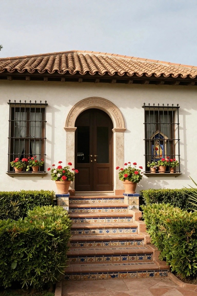White stucco house facade with arched dark wood front door, wrought iron window grilles holding potted geraniums, matching terracotta pots of geraniums by the door, colorful tiled steps, and flanking boxwood shrubs.