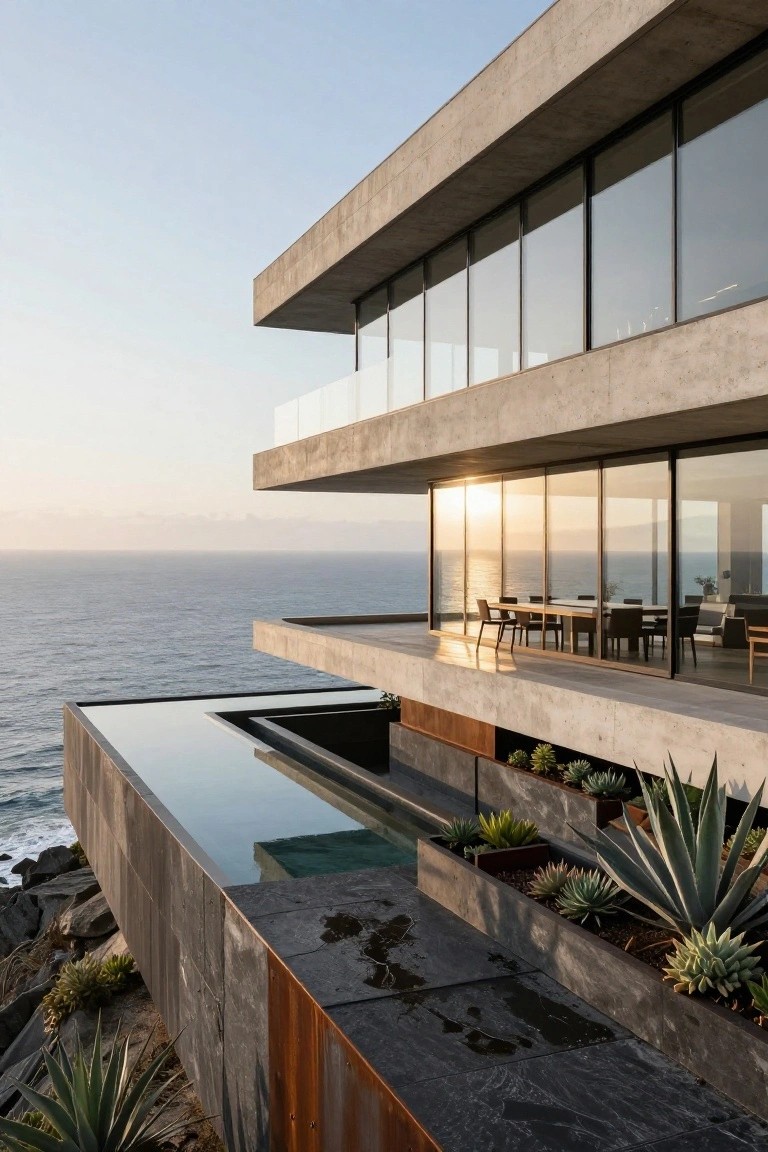 Multi-level concrete house with cantilevered sections overhanging a cliff above the ocean, infinity-edge pool, glass-walled balcony with dining table, and planted planters along the base.