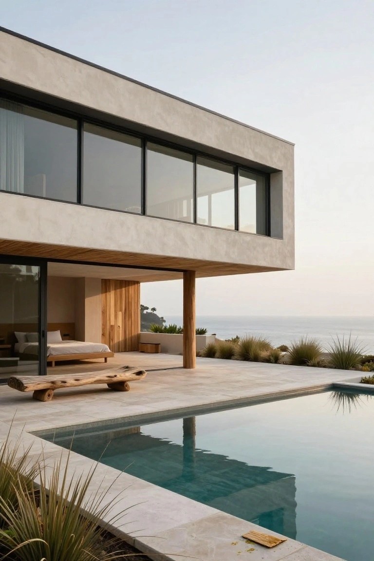 Modern house corner with cantilevered overhang above a rectangular pool and stone terrace, open bedroom door, wooden bench, grasses, and ocean horizon.
