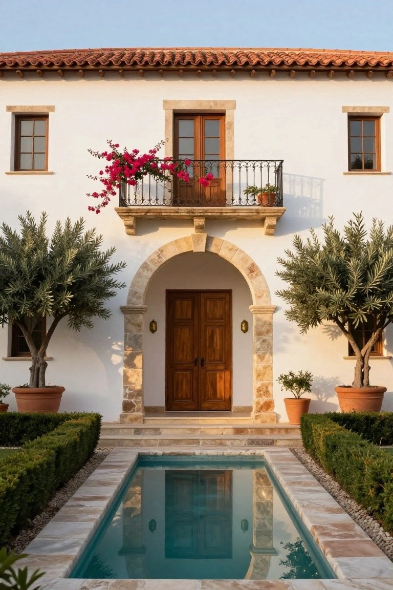 White stucco house exterior with terracotta tile roof, central stone-arched entry with wooden double doors, potted olive trees on each side, boxwood hedges, and a narrow reflecting pool pathway leading to the entrance.