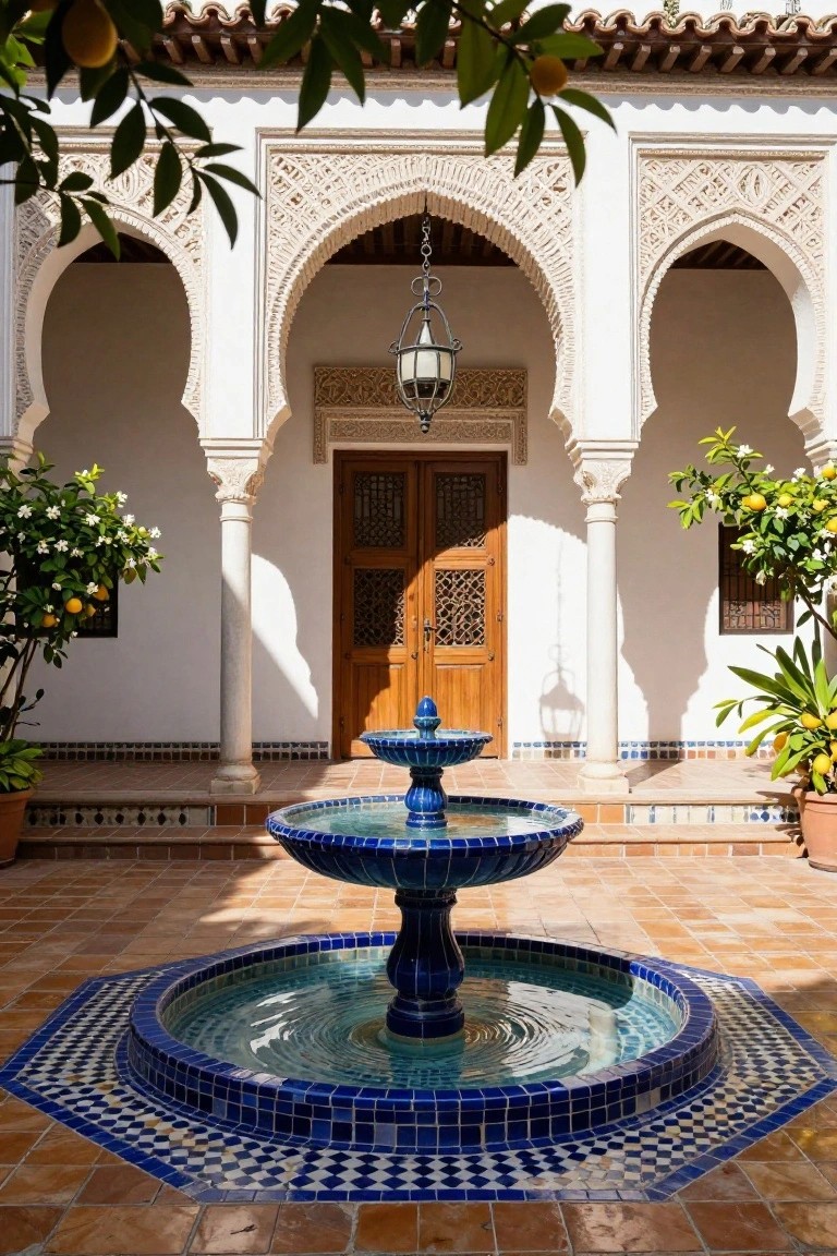 Sunny courtyard with white Moorish arches and columns, central two-tiered blue tiled fountain on patterned terracotta floor, wooden latticed door, potted orange trees, and hanging lantern.