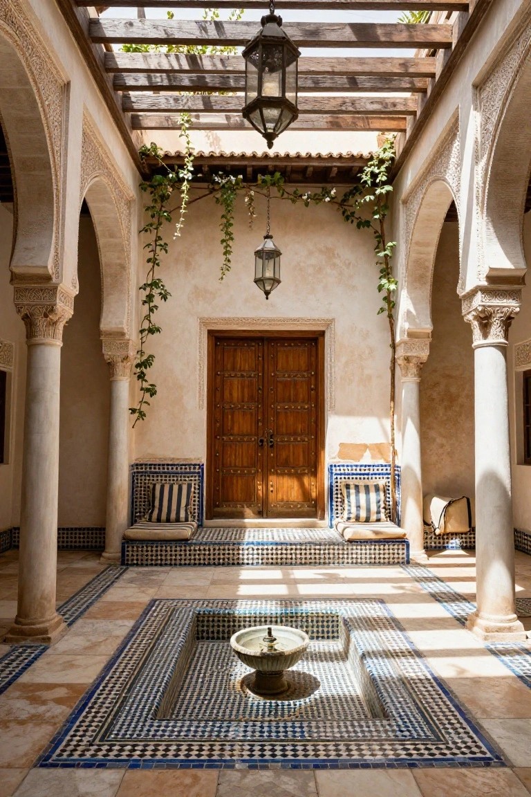 Sunlit interior courtyard with white stucco arches and columns, central fountain in blue and white tiled basin, matching patterned tile floor, wooden double doors with metal studs, cushioned blue and white benches, hanging lantern, and climbing vines.